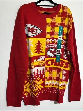 NFL Kansas City Chiefs Red and Yellow Patchwork Crewneck Sweater